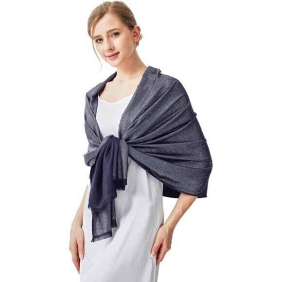 Pashmina Shawl Wraps Scarf Formal - Navy & Silver - Picture 3 of 7